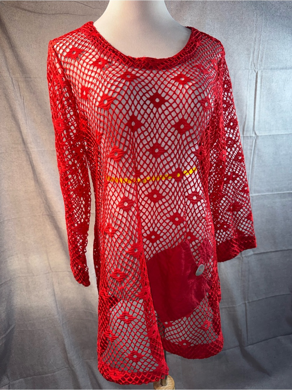 1636-Multiples Red Crochet Swim Coverup Tunic